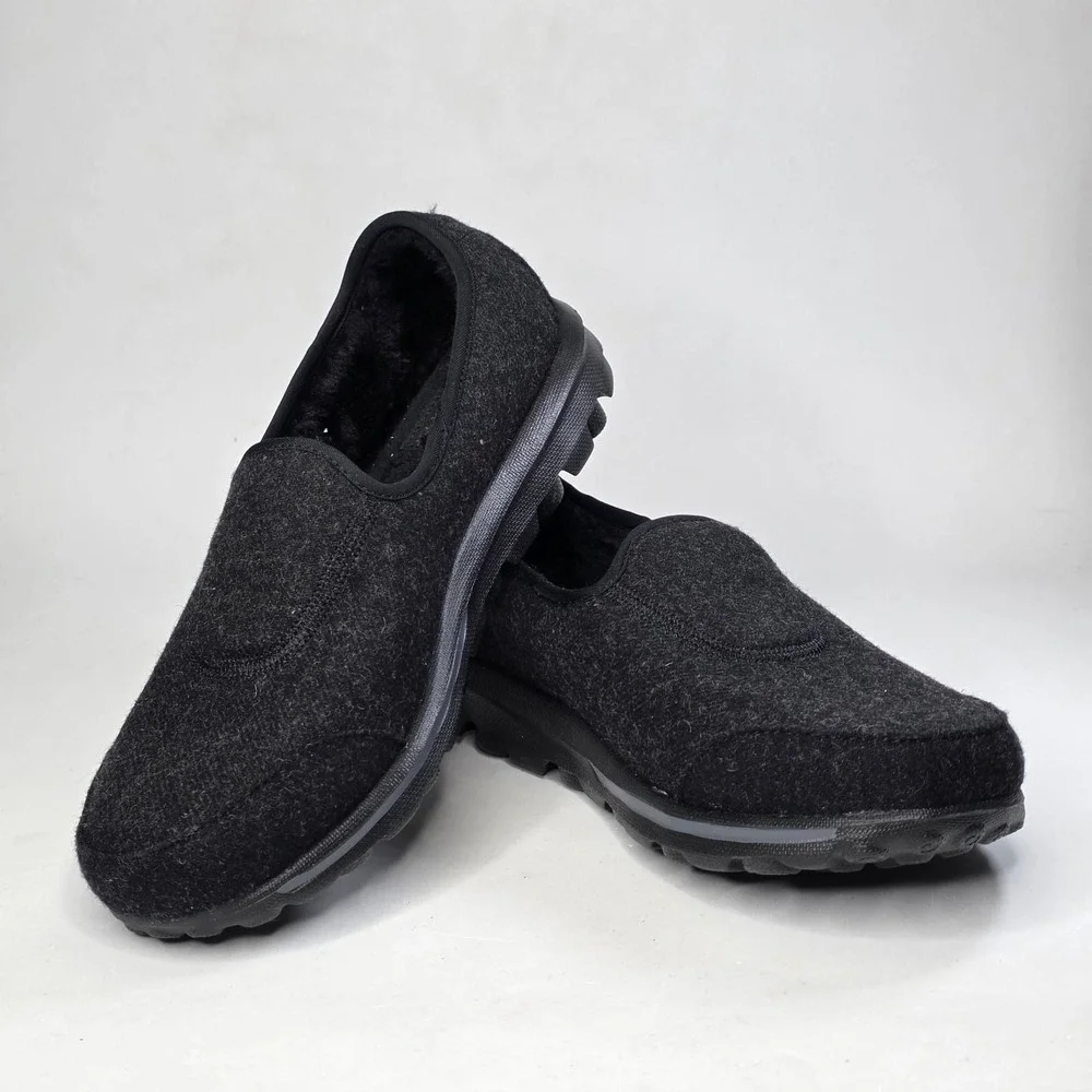 Skechers GOwalk Shoes Women's 11 Black Faux Fur Memory Form Slip On Slippers NEW